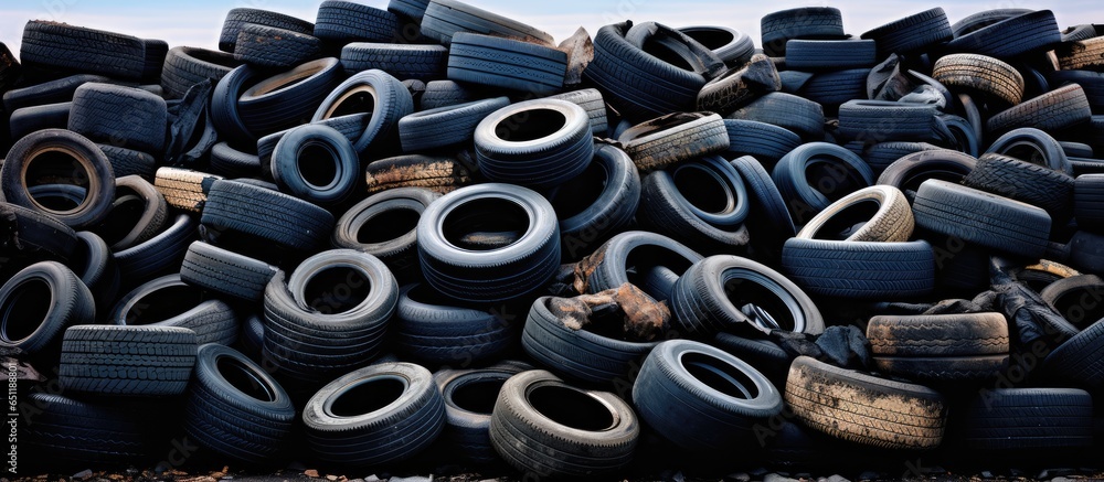 Recycling rubber tires at a junkyard awaiting reuse