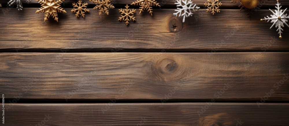 Festive Christmas decorations on brown wooden background empty space