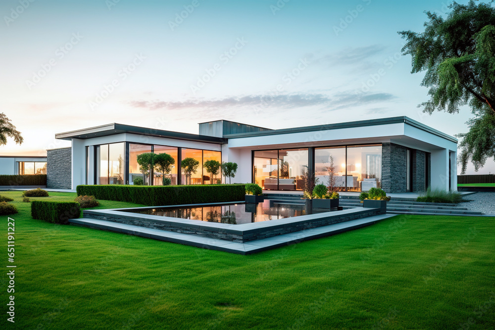 Modern luxury white house and backyard garden	