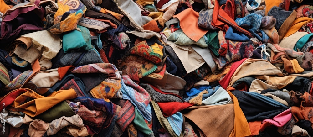 An enchanting assortment of fabric scraps a treasure for making quilts and rugs Unlimited potential for crafting blankets and carpets pleasing creative homemakers