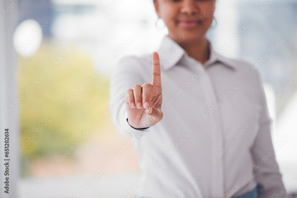 Finger, user interface and business woman in office with hand gesture for biometrics, digital scan and ui. Mockup, point and person with fingerprint for user experience, cybersecurity and touchscreen