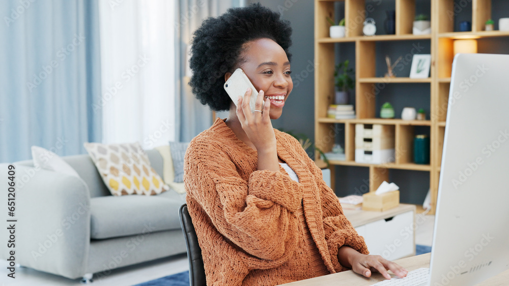 Phone call, computer and smile with a business black woman in her office for communication or networking on project management. Contact, happy and young employee talking on her mobile for negotiation