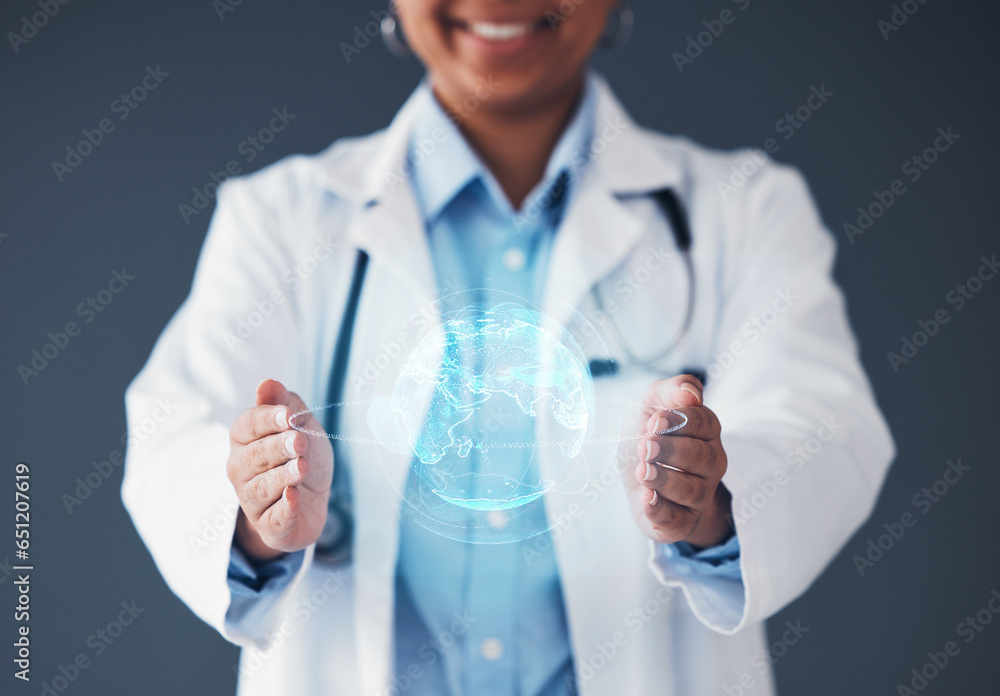 Globe, hologram and hands of doctor for network, biometrics and website for telehealth. Futuristic, healthcare mockup and person with world overlay for digital scan, clinic ux and medical research