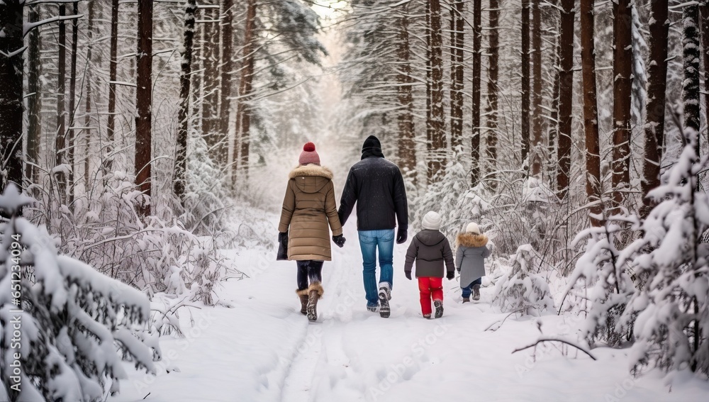 Family walking in winter forest. Mother, father and children having fun in snowy forest.