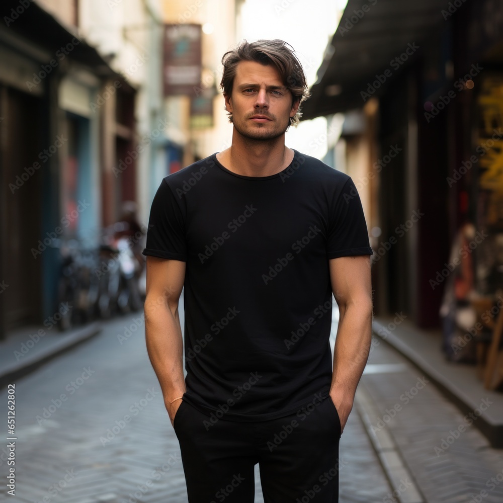 Man in black t-shirt mockup posing in the street