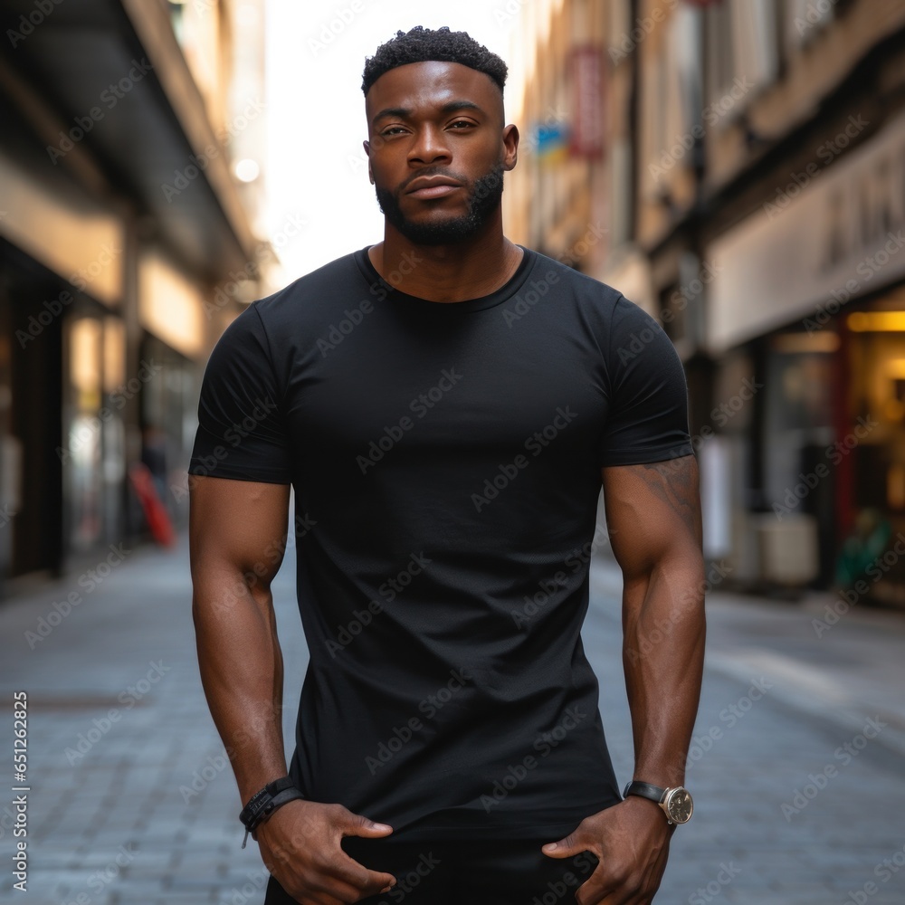 Man in black t-shirt mockup posing in the street