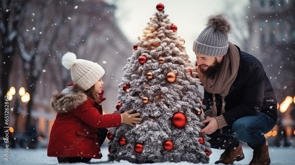 Happy Family making a snowman on the square with a Christmas tree