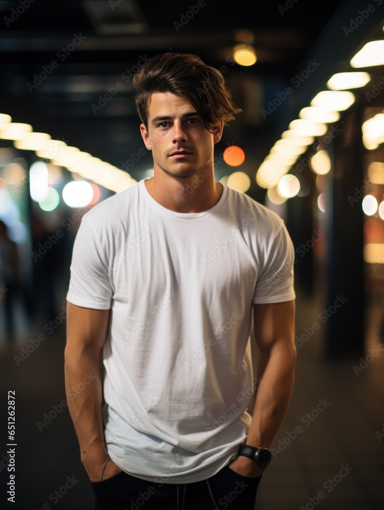 Model man in white t-shirt mockup