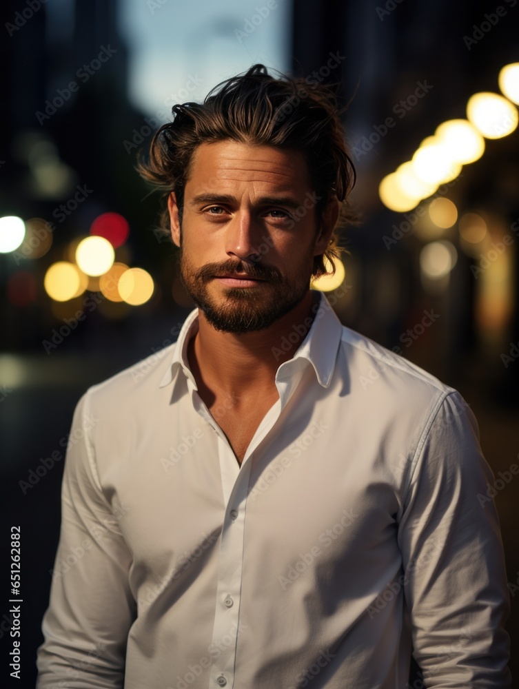 A man standing on street wearing a white shirt