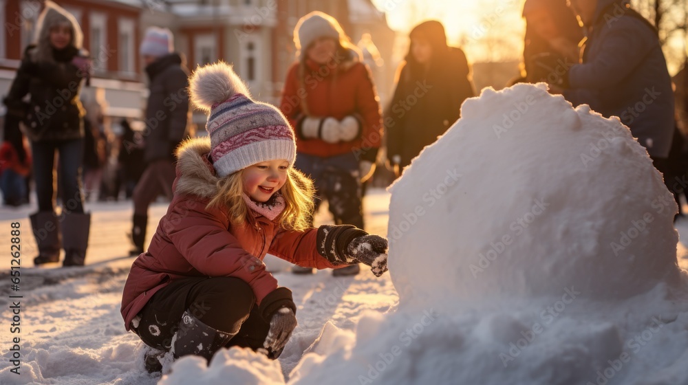 Children making a snowman on the square with a Christmas tree