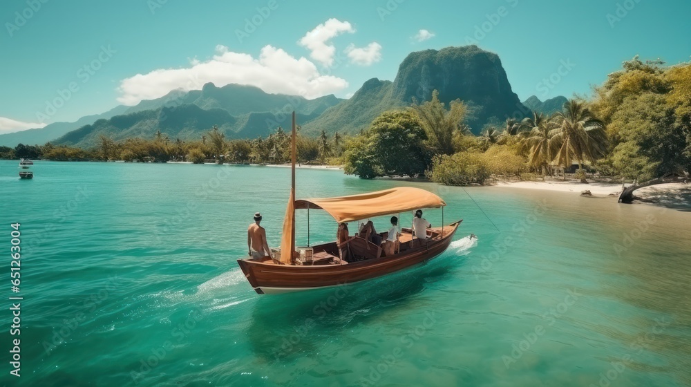 Young couple in love sailing on a traditional wooden boat in Thailand