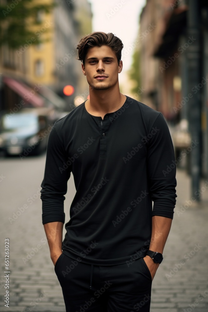 Man in black t-shirt mockup posing in the street