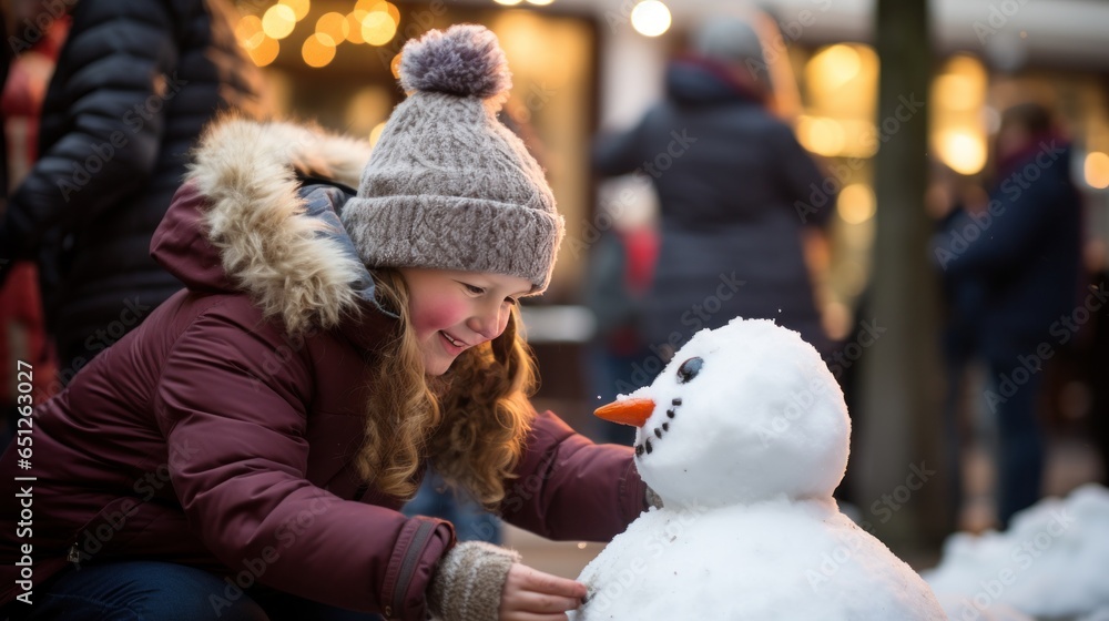 Children making a snowman on the square with a Christmas tree