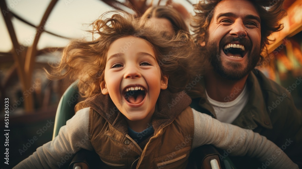 Happy family plays on the amusement park