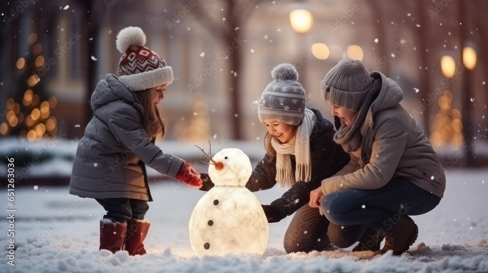 Happy Family making a snowman on the square with a Christmas tree