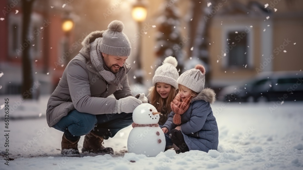 Happy Family making a snowman on the square with a Christmas tree