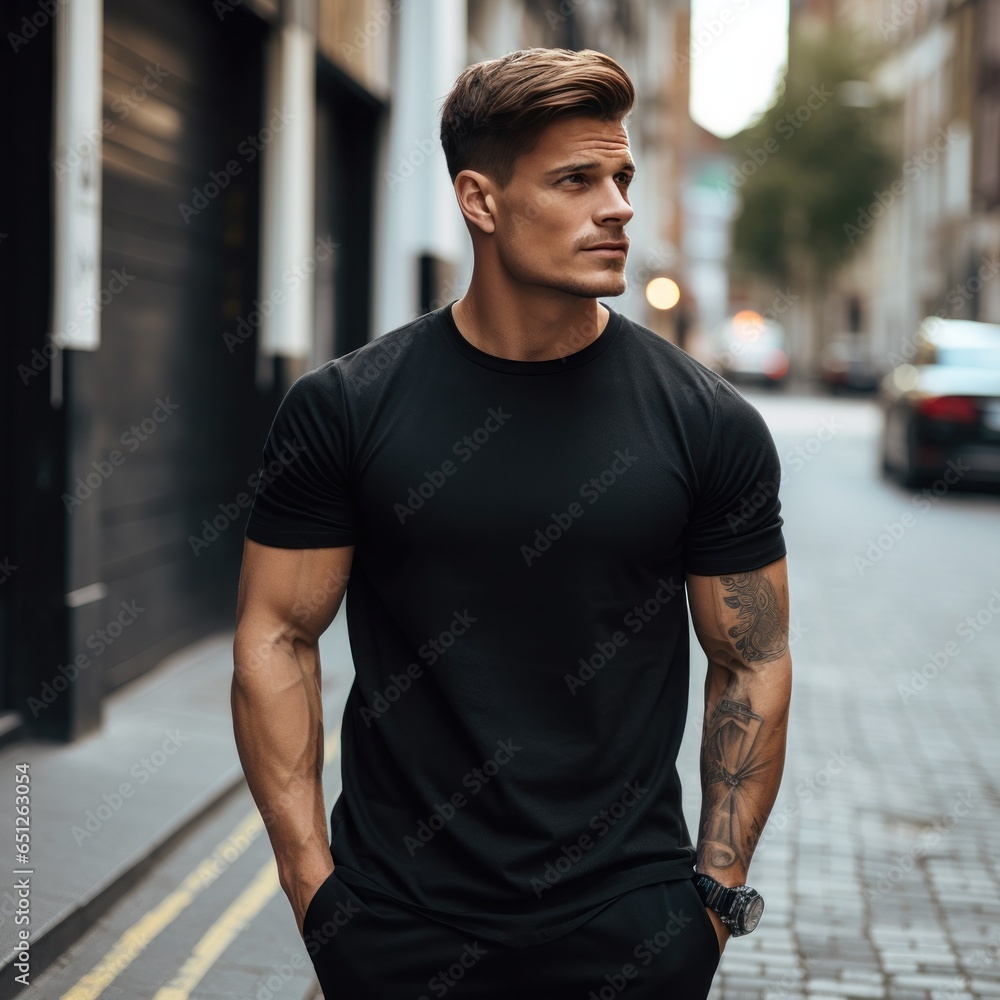 Man in black t-shirt mockup posing in the street