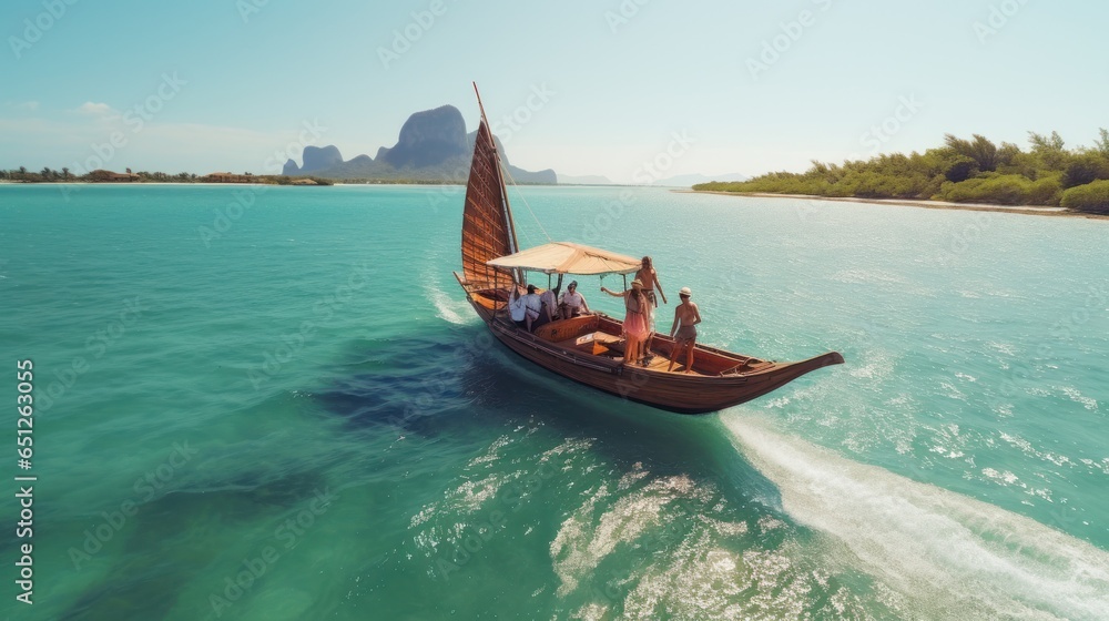 Young couple in love sailing on a traditional wooden boat in Thailand