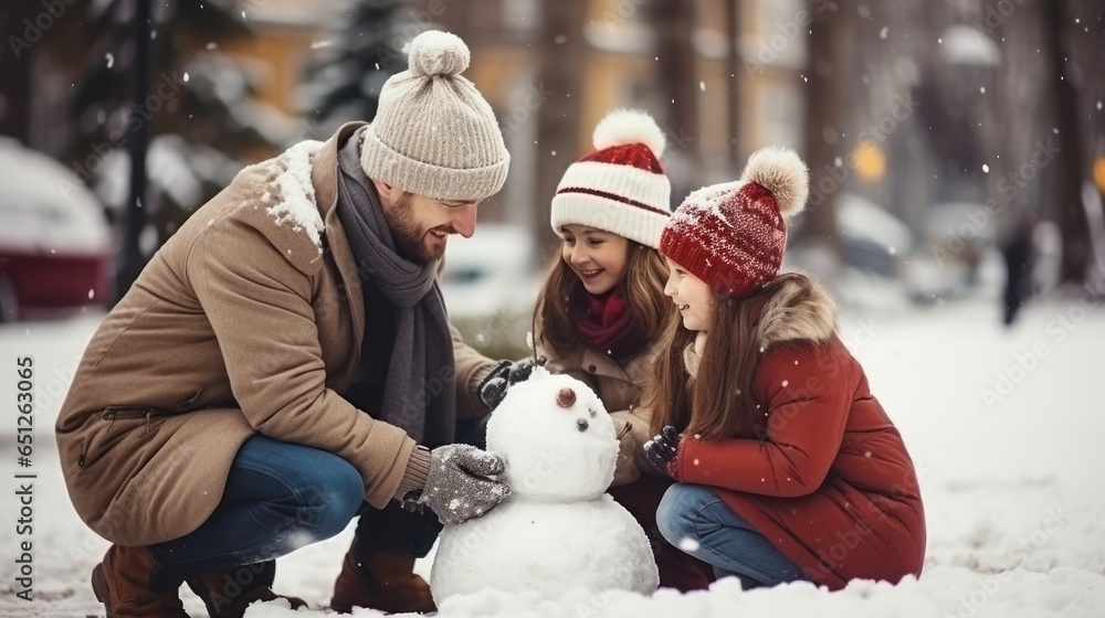 Happy Family making a snowman on the square with a Christmas tree