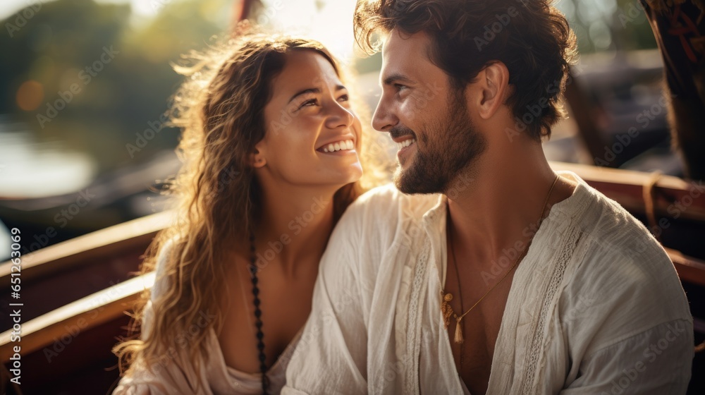 Young couple in love sailing on a traditional wooden boat in Thailand