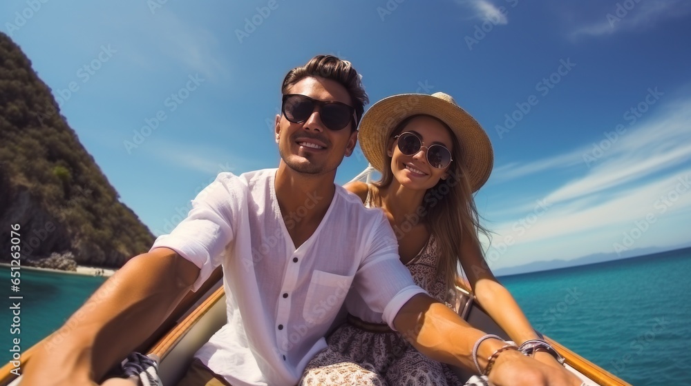 Young couple in love sailing on a traditional wooden boat in Thailand