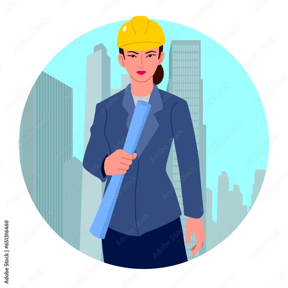 Female architect confidently holding a blueprint against a backdrop of architectural structures, this image is perfect for construction firms, architectural presentations, and real estate promotions