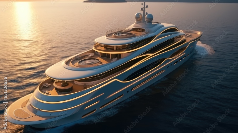 Luxurious yacht with swimming pools on the deck on the sunset. aerial view.