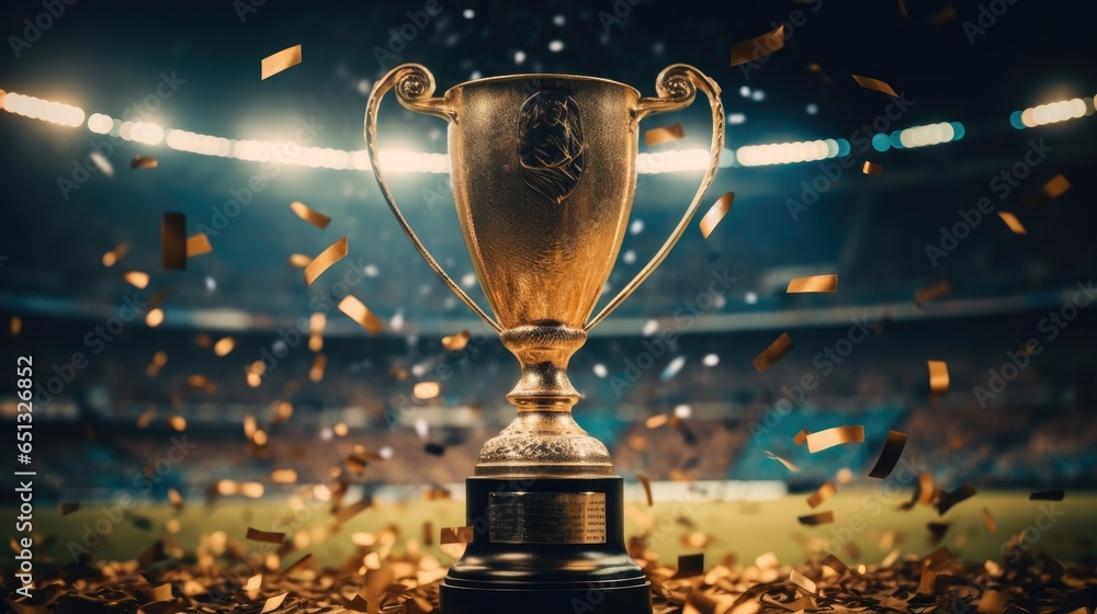 Winners trophy in a football stadium with celebration confetti.