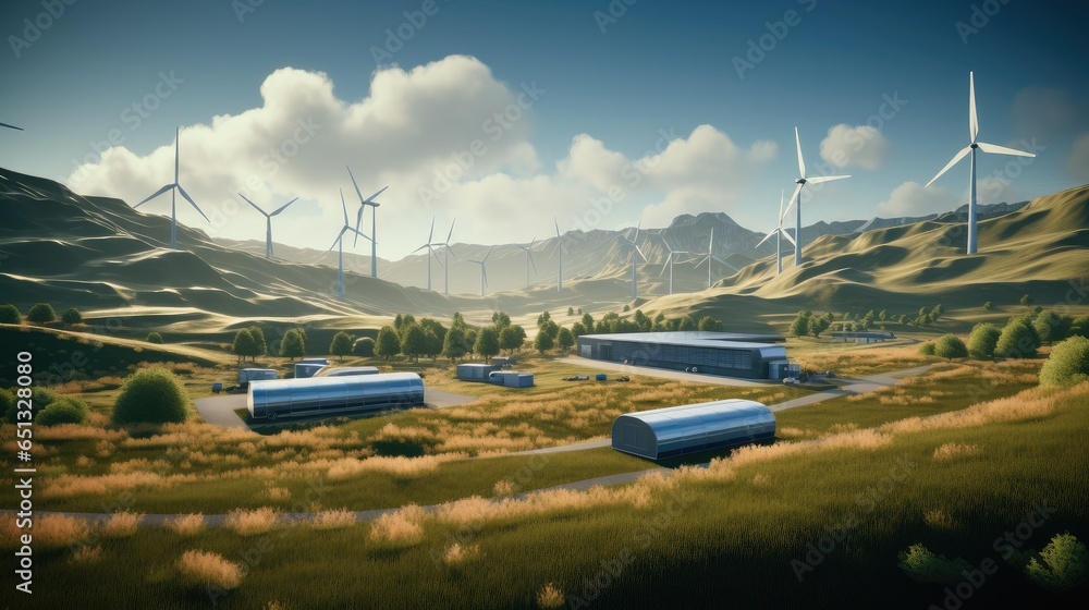 Big hydrogen storage with wind turbines and solar panels, Fluid networks, Global energy concept.