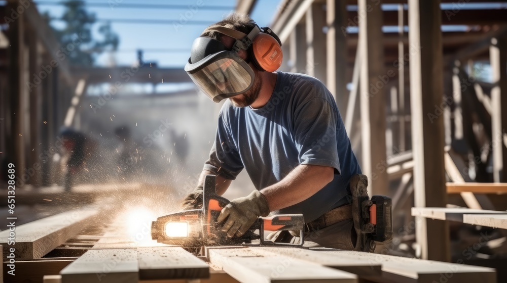 Construction worker using power tools while working at construction site.