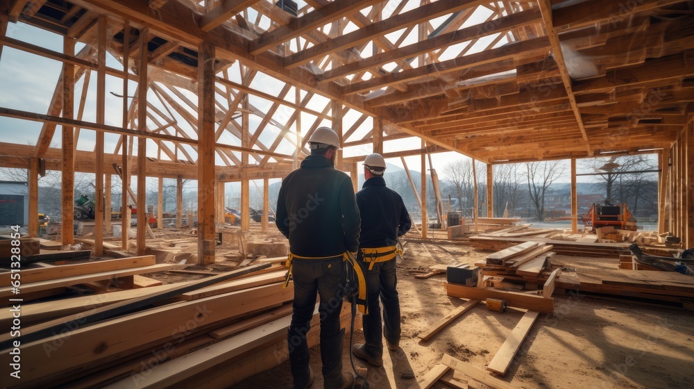 Builder Working On Wooden House, Construction workers in building site.