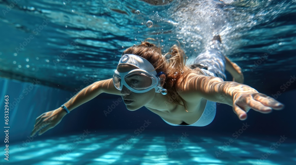 Underwater view, Woman swimmer at the swimming pool.