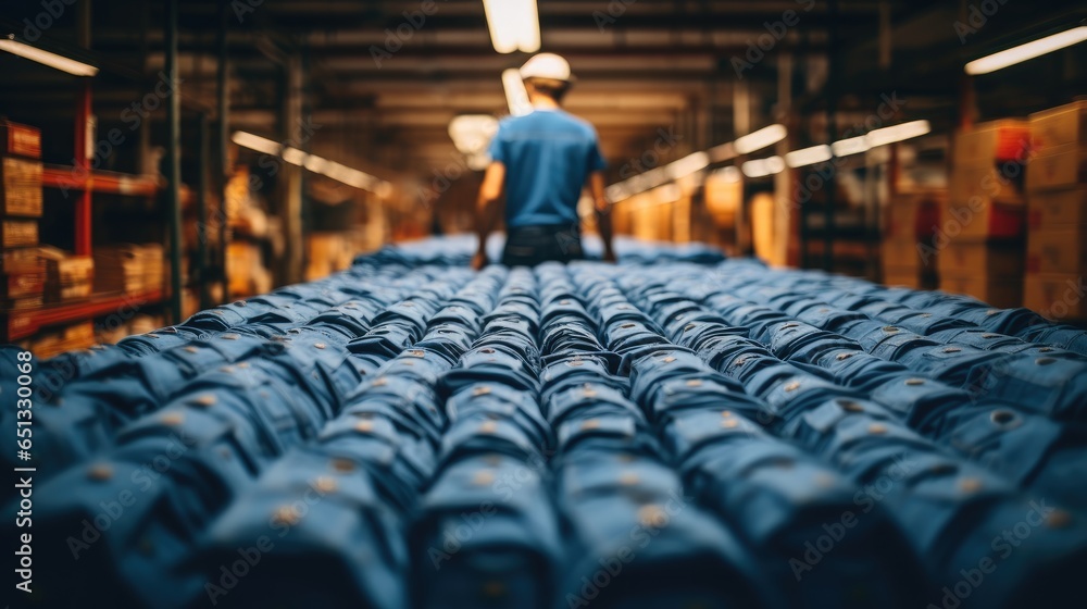 Jeans pants stacked in a jeans factory, Top view.