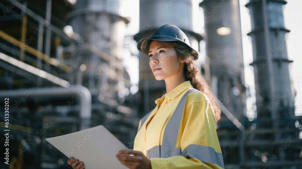 Female engineer checking work in factory with digital tablet.