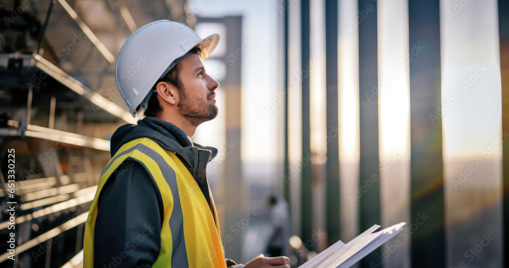 Young architect working on the construction site.