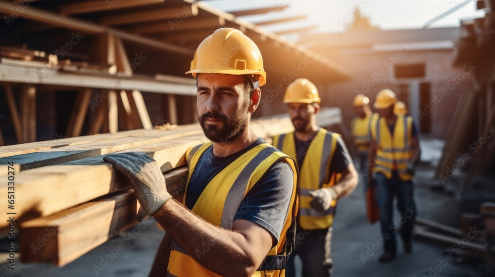 Manual workers carrying wood plank at construction site.