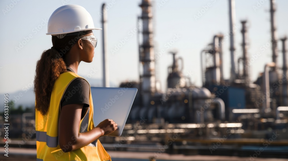 Energy engineer woman working at refineries.