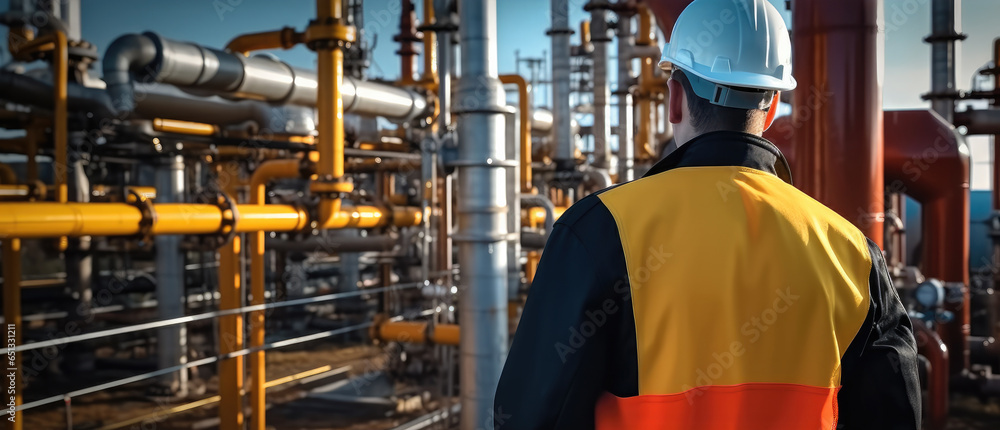 Factory worker in hardhat are working at gas compressor station, Standing near Yellow-red pipeline.