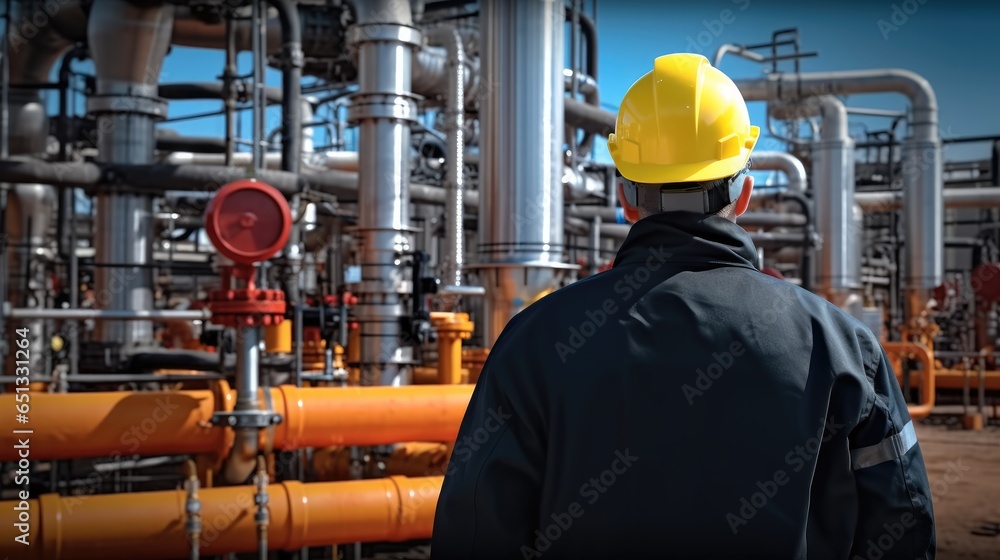 Factory worker in hardhat are working at gas compressor station, Standing near Yellow-red pipeline.