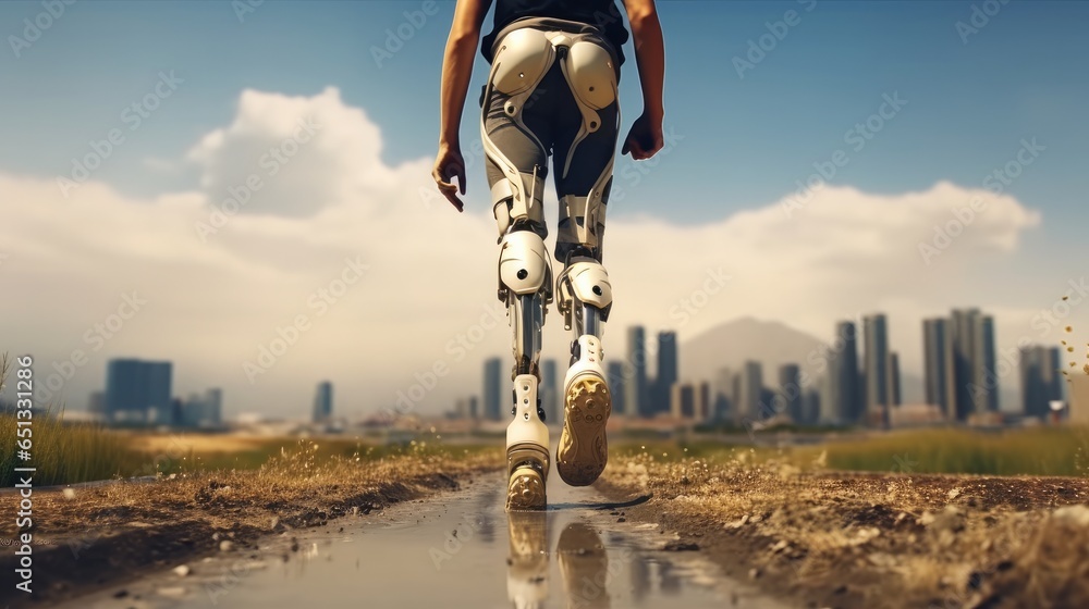 Man with prosthetic leg walking on road with city background.