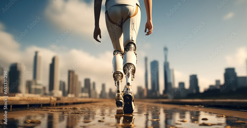 Man with prosthetic leg walking on road with city background.