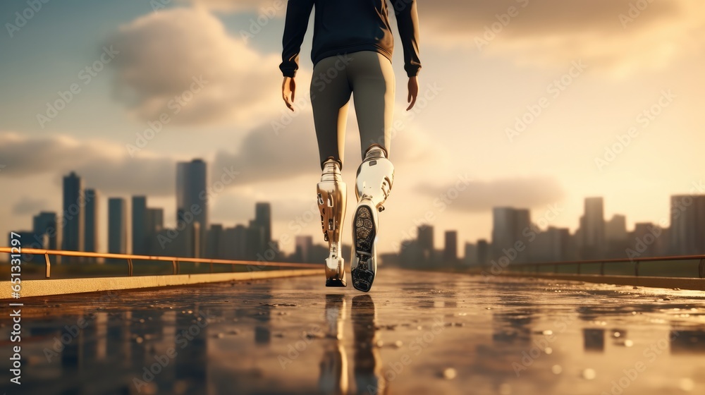 Man with prosthetic leg walking on road with city background.