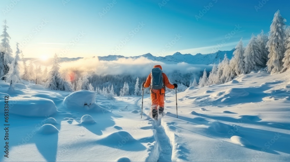 Man walking with snowshoes in winter forest landscape.