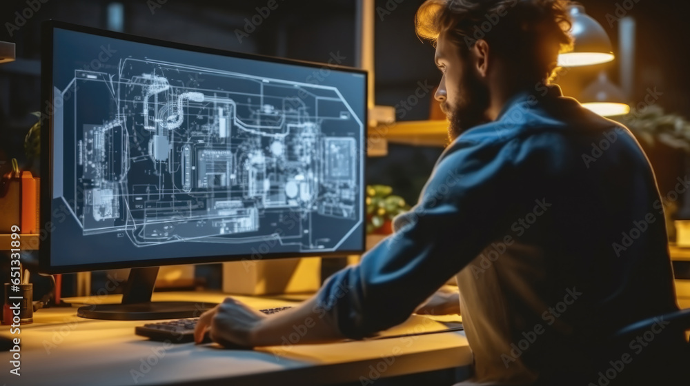 Engineer working with CAD software on desktop computer at factory.
