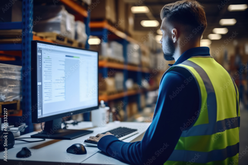 Warehouse worker viewing a spreadsheet on a computer screen at factory.