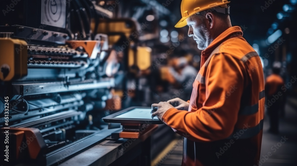 Industrial engineer at the machine, Worker in orange security vest standing at a metalworking machine typing.