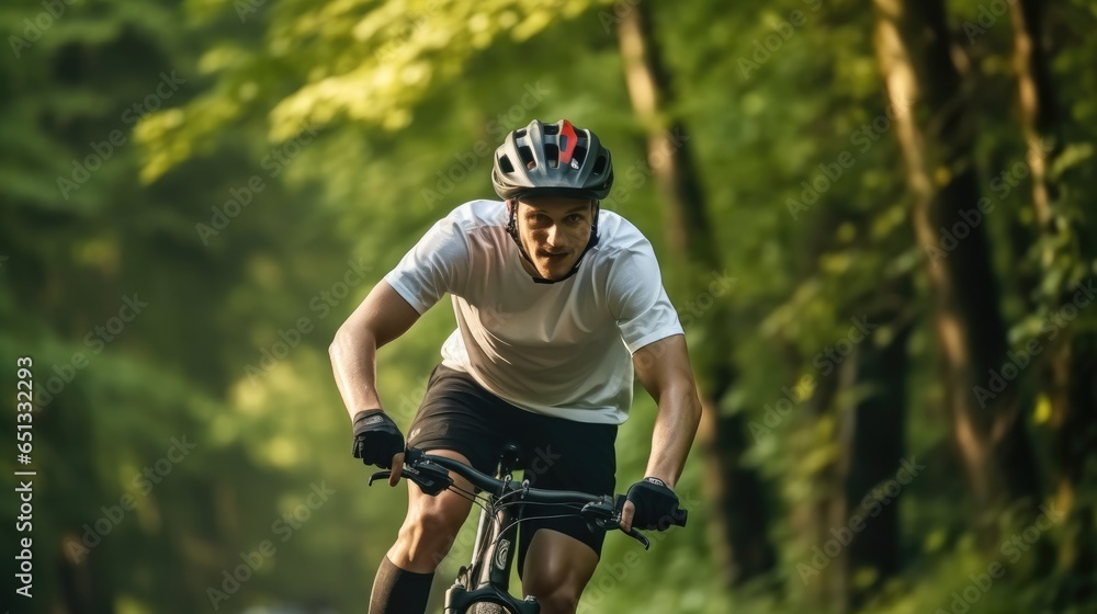 Man riding a bike in the forest.