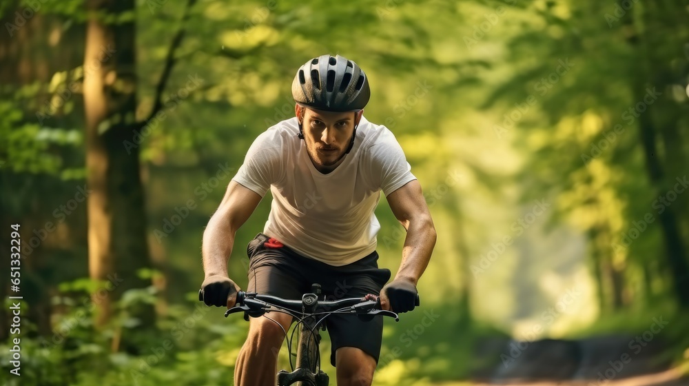 Man riding a bike in the forest.