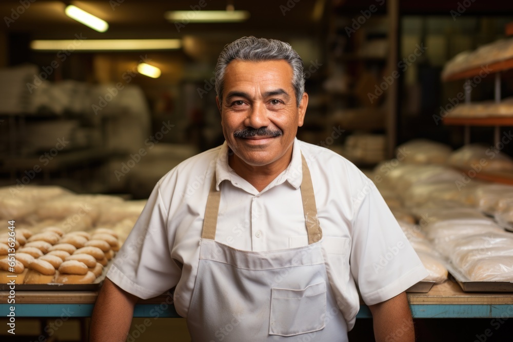 Portrait of a middle aged italian baker working in a italian bakery