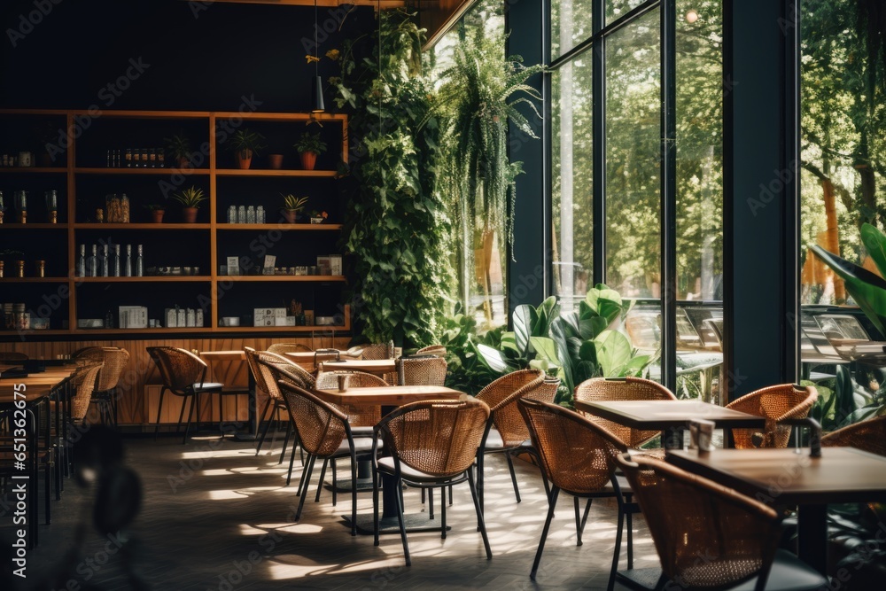 Interior of a modern and contemporary cafe located in the city with plenty of natural light entering from the big windows